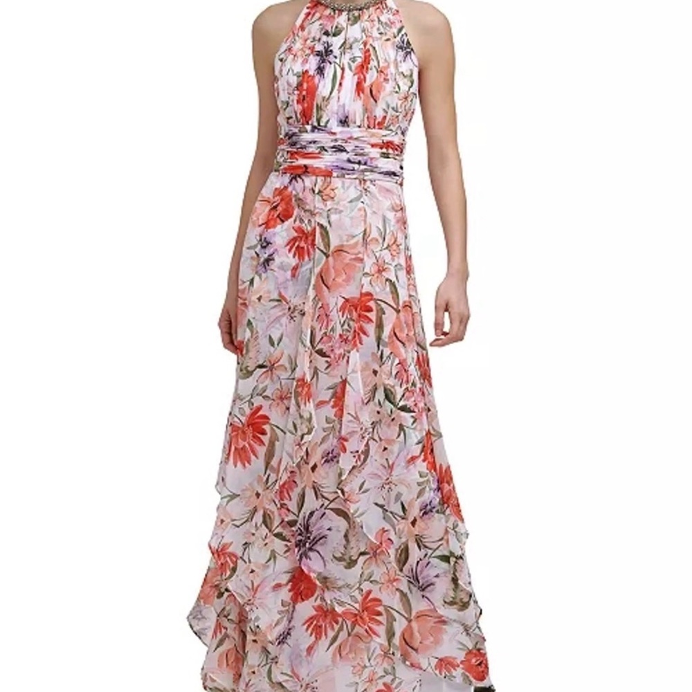 Calvin Klein Sleeveless Halter Floral Tiered Maxi Wedding Guest Prom Dress